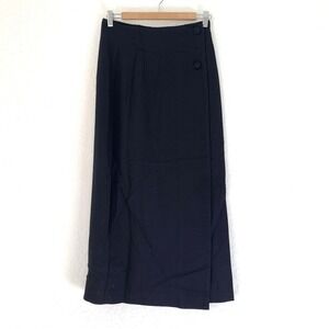 Vintage Express Wrap Midi Skirt Women 3/4 Black Wool Blend Old Money Luxury Work
